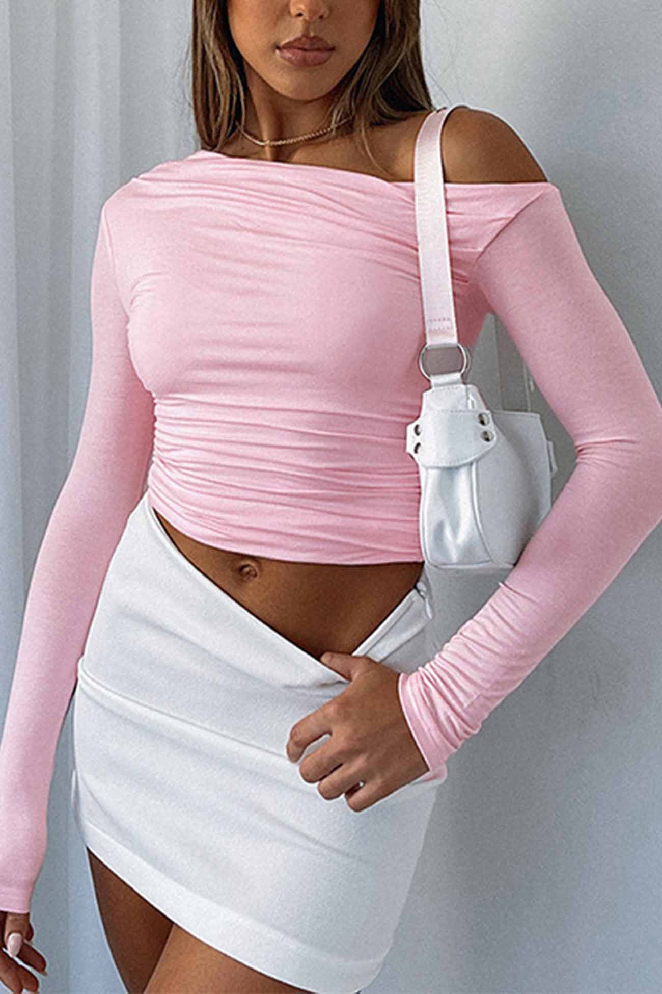 One Shoulder Long Sleeve Pleated Tops