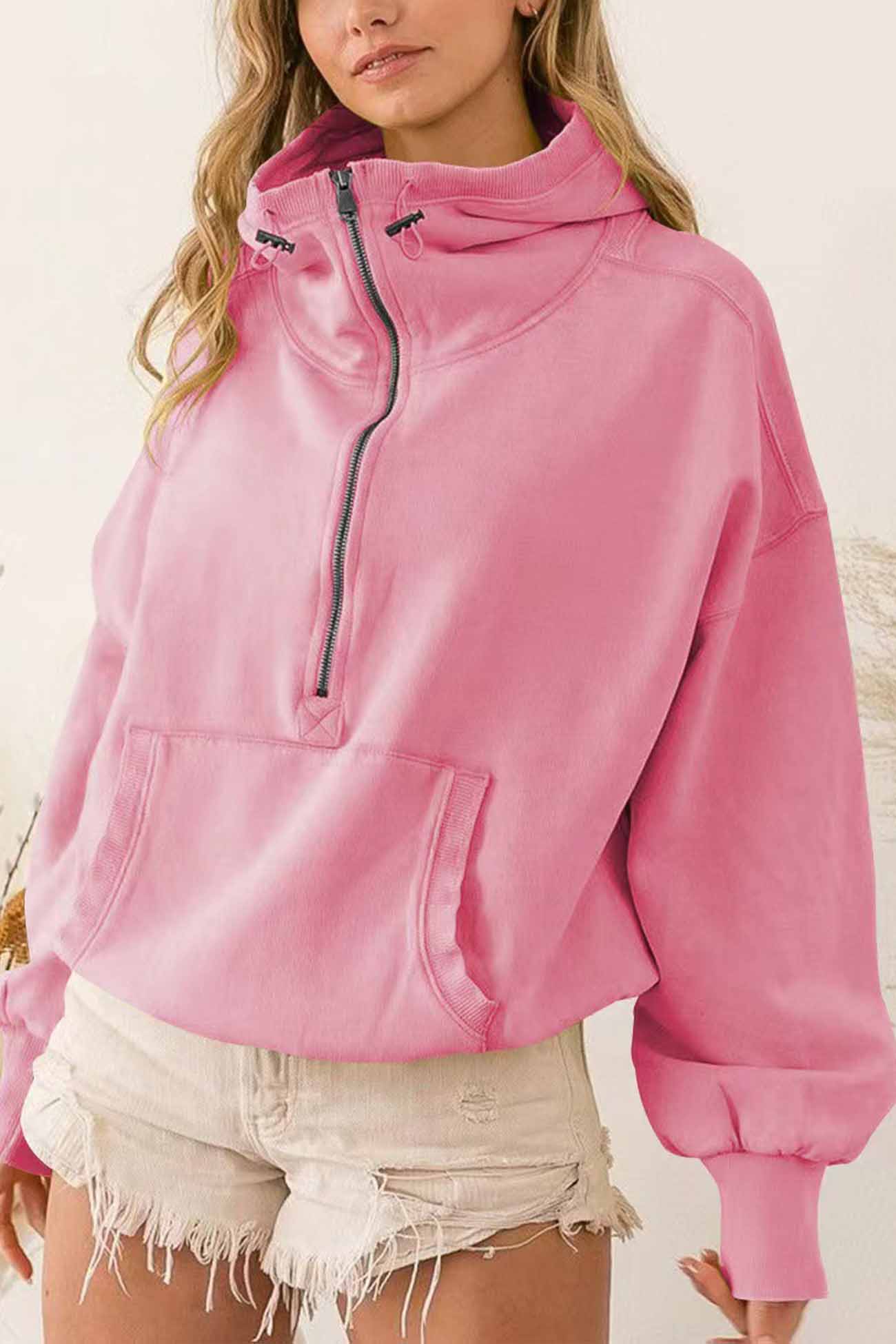 Long Sleeve Zipper Pocket Drawstring Hooded Sweatshirt