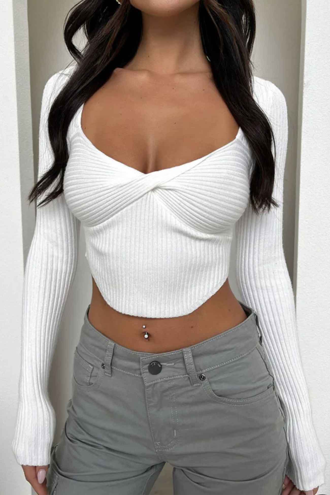 Twisted-Front Ribbed Long Sleeve Tops